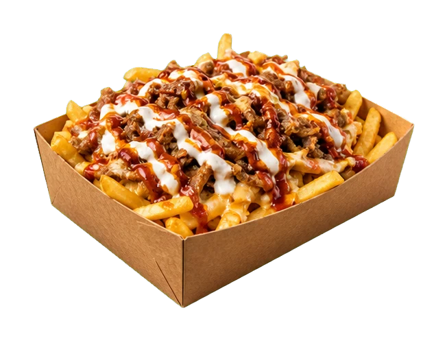 Loaded halal snack pack with meat, chips and sauce